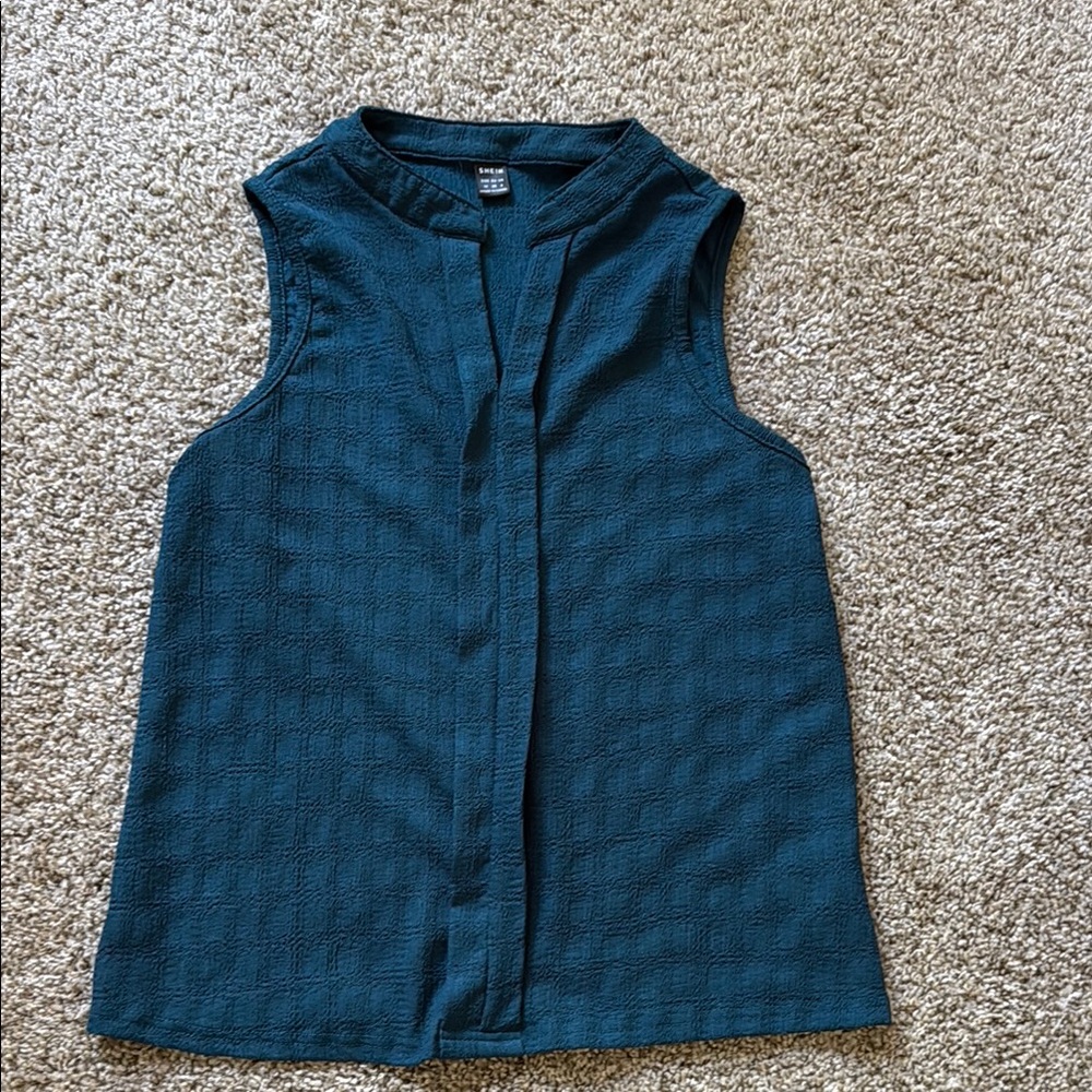 Blue Sleeveless Boxy Blouse with Mandarin Collar